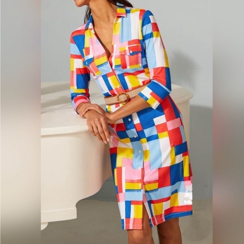 J. McLaughlin Size XS Brynn Tile Print Collared 3/4 Slv Belted Shirt Dress NWT